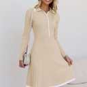 MEROKEETY Women's Long Sleeve V Neck Sweater Dress 2026 Fall Button Knit Pleated Mini Work Dresses (Beige, L)