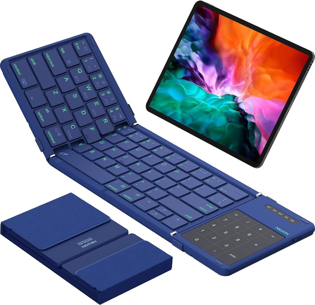 Nillkin Foldable Bluetooth Keyboard with Touchpad & Number Pad, Portable Bluetooth Keyboard with Full Size Keys, Pocket-Sized Wireless Travel Keyboards for iPad, Smartphone, Tablet and Laptop Blue