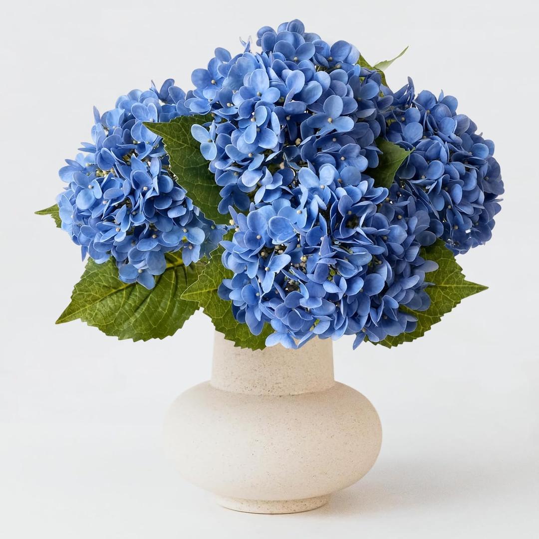 4 Pcs Royal Blue 20 inches Real Touch Hydrangea Artificial Flowers Boho Lifelike Real Looking Latex Hydrangeas Flower with Long Stem for Indoor Living Room Spring Home Decor Table Flower