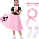 Leadtex 50s Poodle Skirt Sock Hop Costume Accessory Set for Girls with Scarf,Glasses,Socks. (M(8-10), Pink)