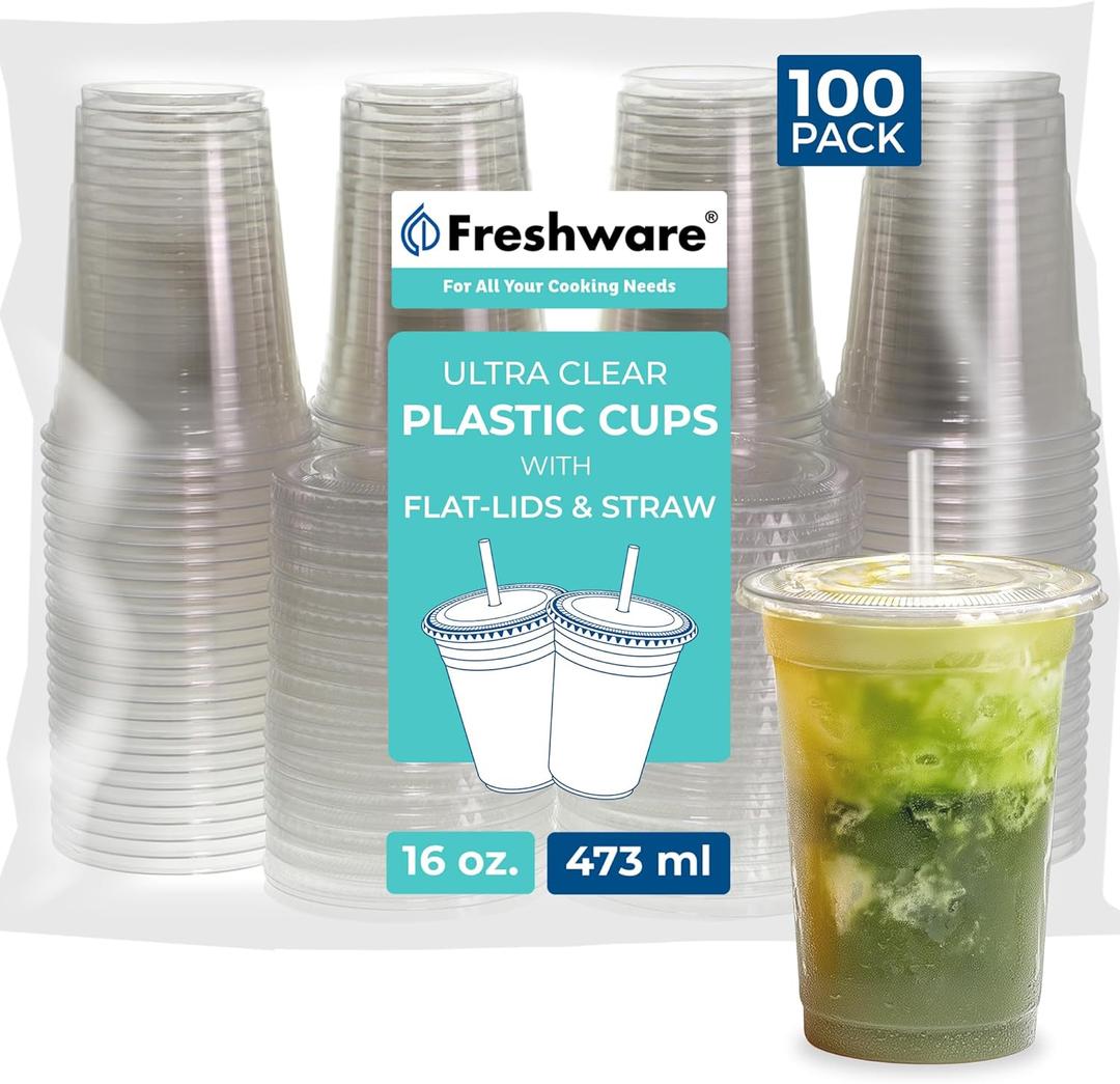 Freshware Clear Plastic Cups with Flat Lids and Straws [100 Cups - 16 oz] Disposable Cup for Iced Coffee, Smoothie, Milkshake, Cold Drinks, Translucent