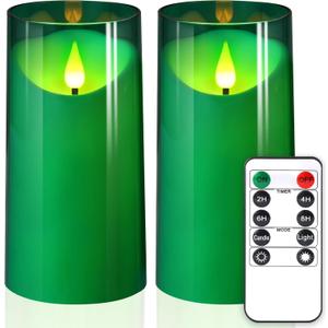 NURADA 3"x6"Flickering Flameless Candles: 3D Wick Acrylic Battery Operated LED Pillar Candles with Remote and Timer for St. Patrick's Day Home Holiday Forest Christmas Party Table Decor - Green