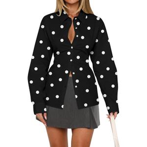 Women Long Sleeve Button Down Shirt Tie Back Cinched Waist Lapel Collar Corset Blouse Work Casual Dressy Tunic Shirt (Small, Polka Dot Black)