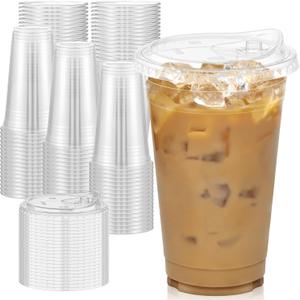 100 Pack - 20 Oz Clear Plastic Cups with Lids, Sturdy & Food Safe Iced Coffee Cups with lids, Disposable Plastic Smoothie Cups for Cold Drinks, Sip Lids