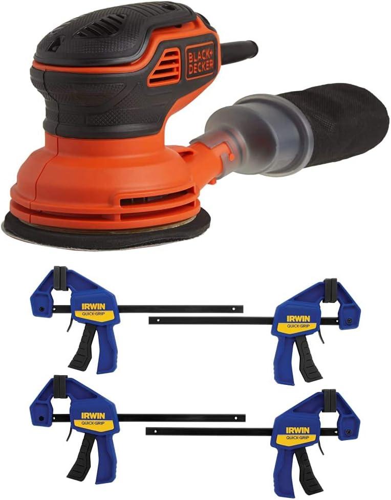 BLACK+DECKER Random Orbit Sander, 5-Inch with IRWIN QUICK-GRIP Clamps, One-Handed, Mini Bar, 6-Inch, 4-Pack (BDERO600 & 1964758)