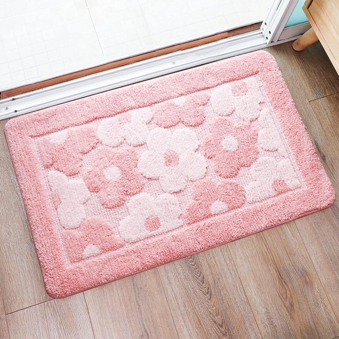Pink Flower Bath Mat Cute Bathroom Rugs Lovely Shower Bathtub Mat Microfiber Soft Welcome Doormat Non-Slip TPR Backing Shower Rug Plush Shaggy Bath Carpet, 20x32