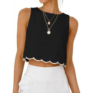 IDEALSANXUN Womens High Neck Linen Tank Tops Spring Summer Scallop Hem Cropped Sleeveless Shirts Blouses (Black, XL)