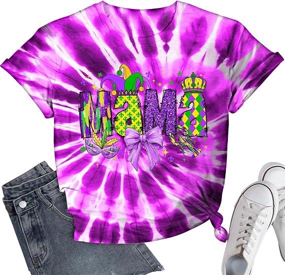 Mardi Gras Mama Shirt Womens Mardi Gras Day Tshirt -Tuesday Carnival Tee New Orleans Party Trendy Short Sleeve M