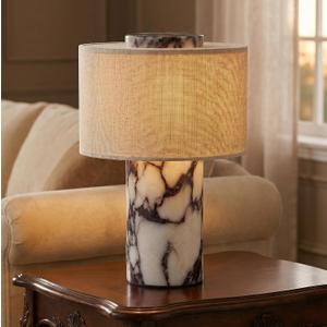 SAMAH Marble Touch Lamp, Luxury Stone Table Lamps, Rechargeable Cordless Night Light, Linen Cloth Fiber Lampshade for Home Decor Bedroom Office, Housewarming Gifts for Women Men (Calacatta Viola)