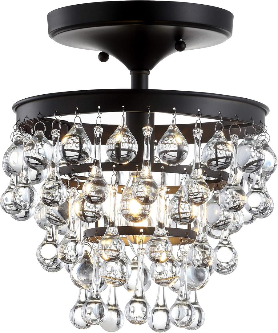 JONATHAN Y 10" Oil Rubbed Bronze Metal LED Flush Mount Ceiling Light Fixture, Clear Crystal Drum Shade for Bedroom Hallway, Modern Glam Chandelier, LED Bulb Included JYL9028A