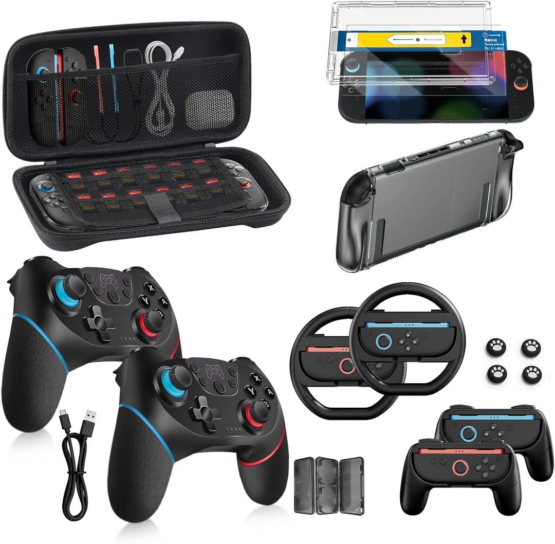 Pro Controllers Accessories Bundle for Nintendo Switch 2 18-in-1: Carrying Case, Screen Protector, Thumb Grip for Joycon, Dockable Console Protective Cover Shell, Steering Wheel, 2025 Switch2 Game Kit (2* Black Controllers (Leather Wrapped))