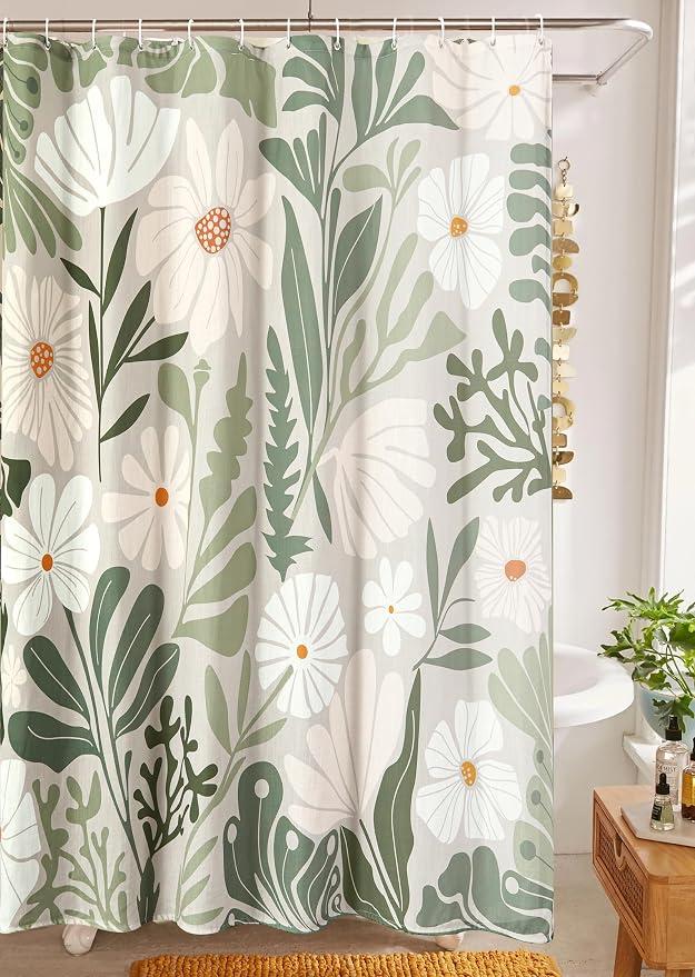 Green Botanical Linen Shower Curtain Extra Long 84 Inches Long, Spring Summer Boho Plants Leaves Textured Fabric Bathroom Shower Curtain Set Modern Farmhosue Vintage Bathroom Decor