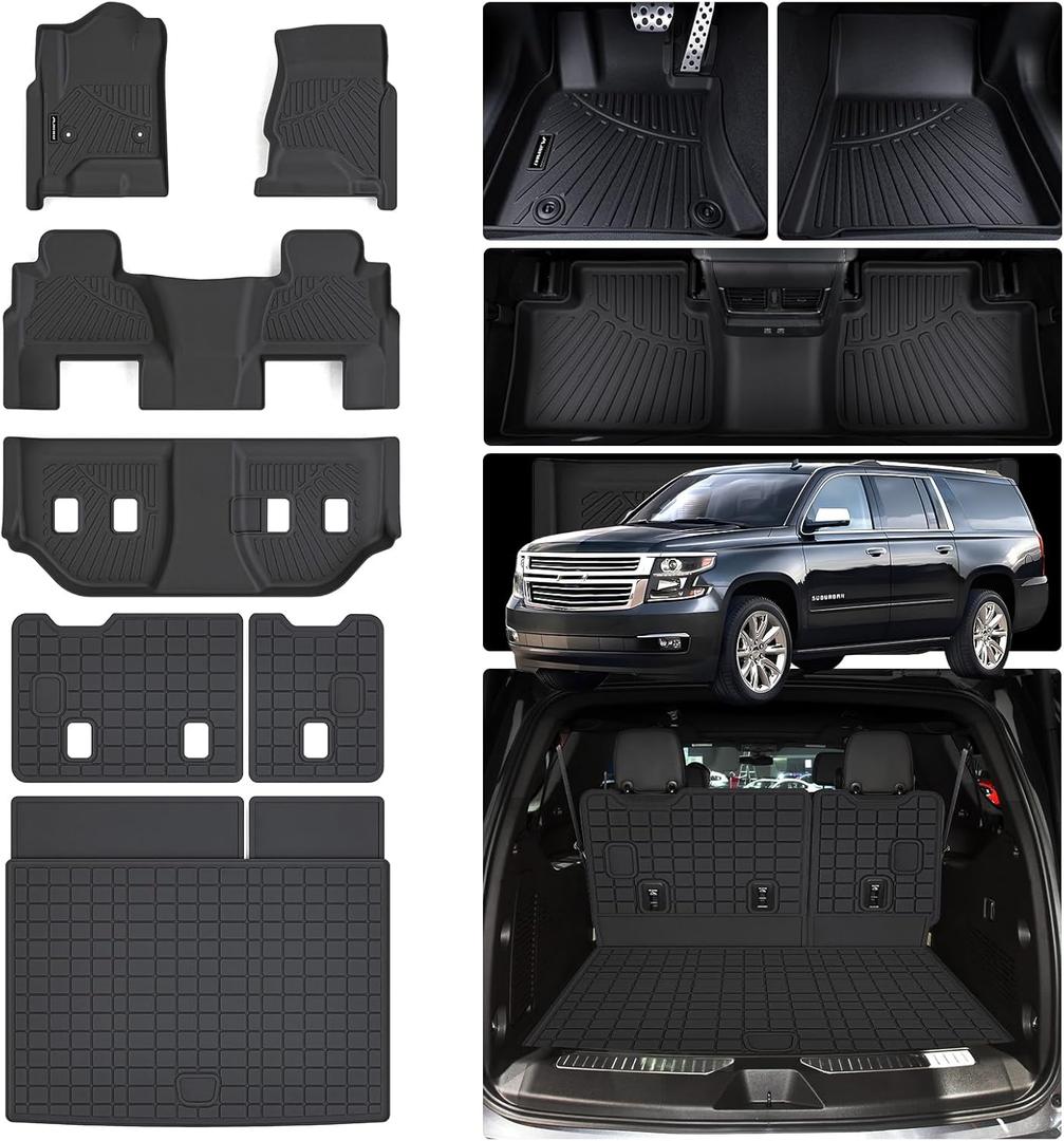 Floor Mats for 2015-2020 Chevy Chevrolet Suburban/GMC Yukon XL 7 Seats (2nd Row Bucket Seats) with Trunk Mat & Backrest Mat,TPE All Weather Protection Custom Fit Car Accessories Full Set