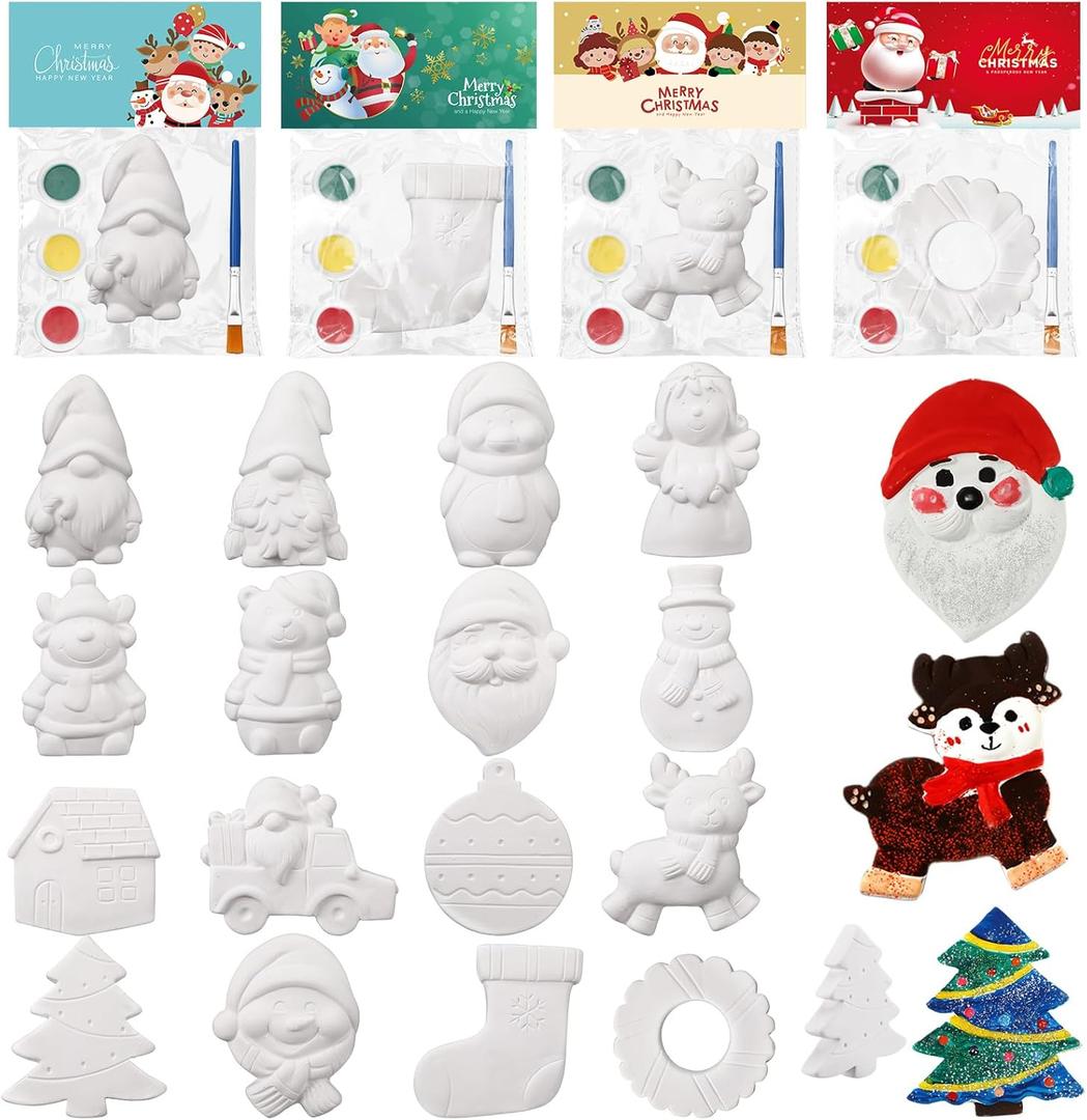 Realspring 16 Set Christmas Ceramic Painting Kit DIY Christmas Ready to Paint Ceramics Christmas Gifts Bulk Christmas Crafts Party Favors Christmas Ceramic Figures to Paint with Brush Palette Paint