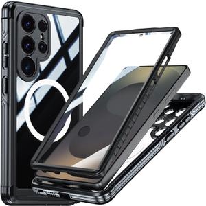 Miimall Strong Magnetic for Samsung Galaxy S25 Ultra Case,[Built-in Glass Screen Protector][Compatible with Magsafe][Military Shockproof Dropproof]Full Heavy Duty Phone Case for S25Ultra, Black/Clear