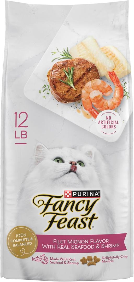 Purina Fancy Feast Dry Cat Food Filet Mignon Flavor with Seafood and Shrimp - 12 lb. Bag, BBD 11/2026