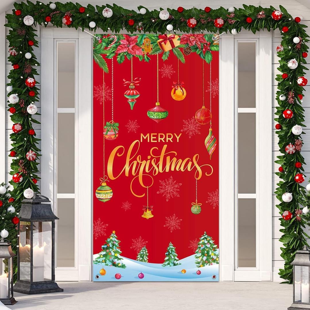 Christmas Door Cover Decorations 70.8X35.4 Inches Merry Christmas Door Decorations Banner White Dog Front Door Hanging Banner for New Year Winter Xmas Home Indoor Outdoor Party Supplies