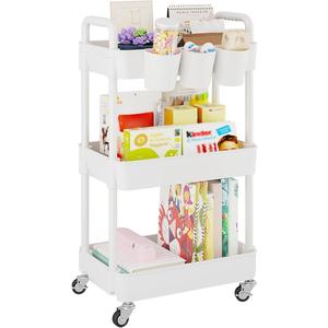 UDEAR 3-Tier Rolling Utility Cart, Multifunctional Storage Shelves with Handle and Lockable Wheels for Room, Office, Kitchen, Bathroom, White 