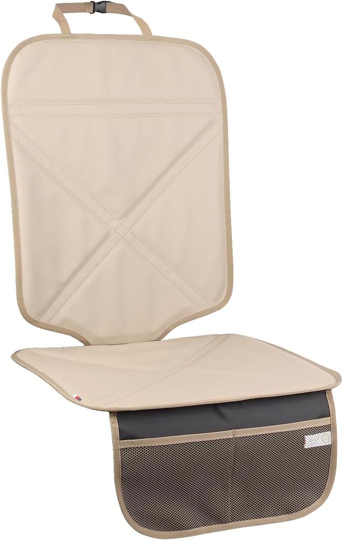 Viaviat Car Seat Protector Leather Waterproof Child Safety Seat Protector Cover with Thick Pad and 2 Large Pockets Durable Kick Mat for All Auto Seat (Beige)