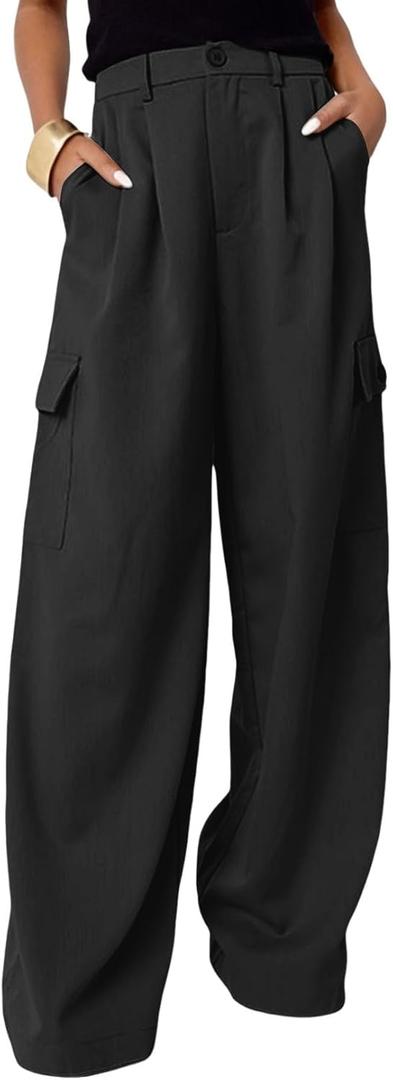 Dokotoo Womens High Waisted Wide Leg Cargo Pants Baggy Casual Work Pants with 4 Pockets (Black)