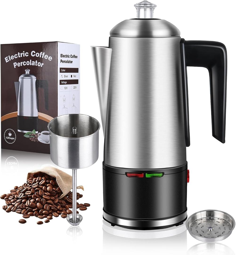 Electric Coffee Percolator 12 CUPS Percolator Coffee Pot,800W Percolator Coffee Maker Stainless Steel with Clear Knob Cool-touch Handle,Coffee Pot Percolator Auto Keep Warm Function
