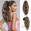 FLUFYMOOZ Wavy Curly Claw Clip Ponytail Extension, 18 Inch Natural Fake Ponytail Synthetic Hairpiece for Women (Medium Brown Ash Blonde)