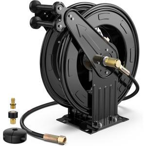 Pressure Washer Hose Reel, 3/8 in x 50 ft Retractable Pressure Washer Reel - Only Reel, 4000 PSI Auto Rewind Heavy Duty Steel Power Wash Hose Reel with 5 ft Lead for Air/Oil/Water