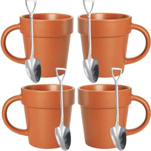 Covzoe 4 Pack Gardening Mugs, 12 Oz Plant Pot Mug With 4 Shovel Spoons, Novelty Ceramic Coffee Mug Gift for Gardeners, Plant Lovers, Men, Women, Christmas, Birthday