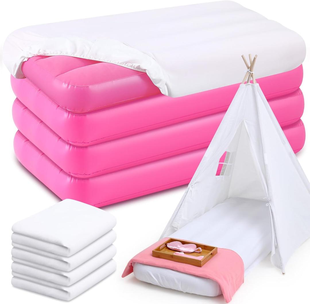 Windyun 4 Sets Kids Air Mattress Bulk with Fitted Sheet,Toddler Inflatable Bed 63 x 27 x 8 Inches Blow up Airbed Camping Sleeping Pad for Aged 3-10 Years Old Birthdays Slumber Sleepover Party (White)