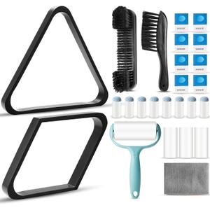 ShinyRelief 22 Pcs Pool Table Brush Set Wooden Billiard Rack 8 or 9 Ball Triangle Diamond for 2-1/4" Pool Ball with Polish Cloth Sticky Lint Roller Cue Chalk Cube Accessories (Black)
