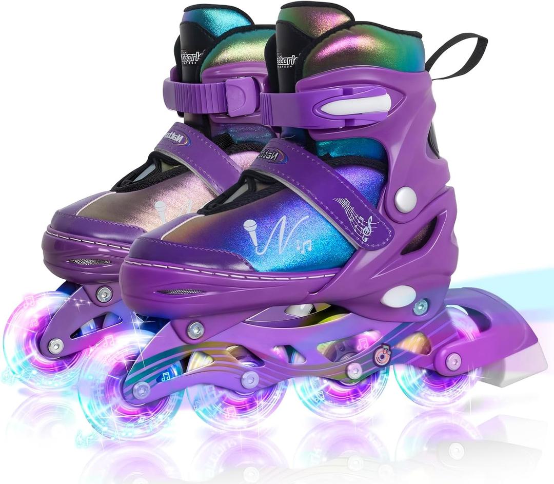 Nattork Adjustable Inline Skates for Kids & Teens with Flashing Light-Up Wheels, Gradient Color ABEC-7 Bearings for Smooth Glide, Safe & Durable Sizing Adjustable Skates Purple, Medium - Big Kid (1-4US)