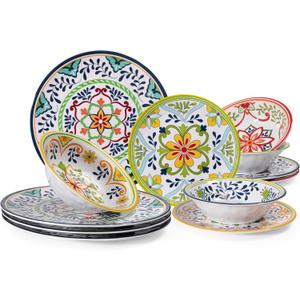 12 pcs Talavera Melamine Dinnerware Set, Service for 4 Melamine Plates and Bowls Set, Unbreakable Dishes Dinnerware Set, Great for RVs, Camping, BPA Free and Dishwasher Safe