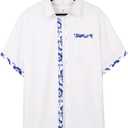 QIVICIMA Men's Hawaiian Shirt Linen Short Sleeve White Pink Sky Blue Button Down Shirt Casual Print Shirts (White, M)