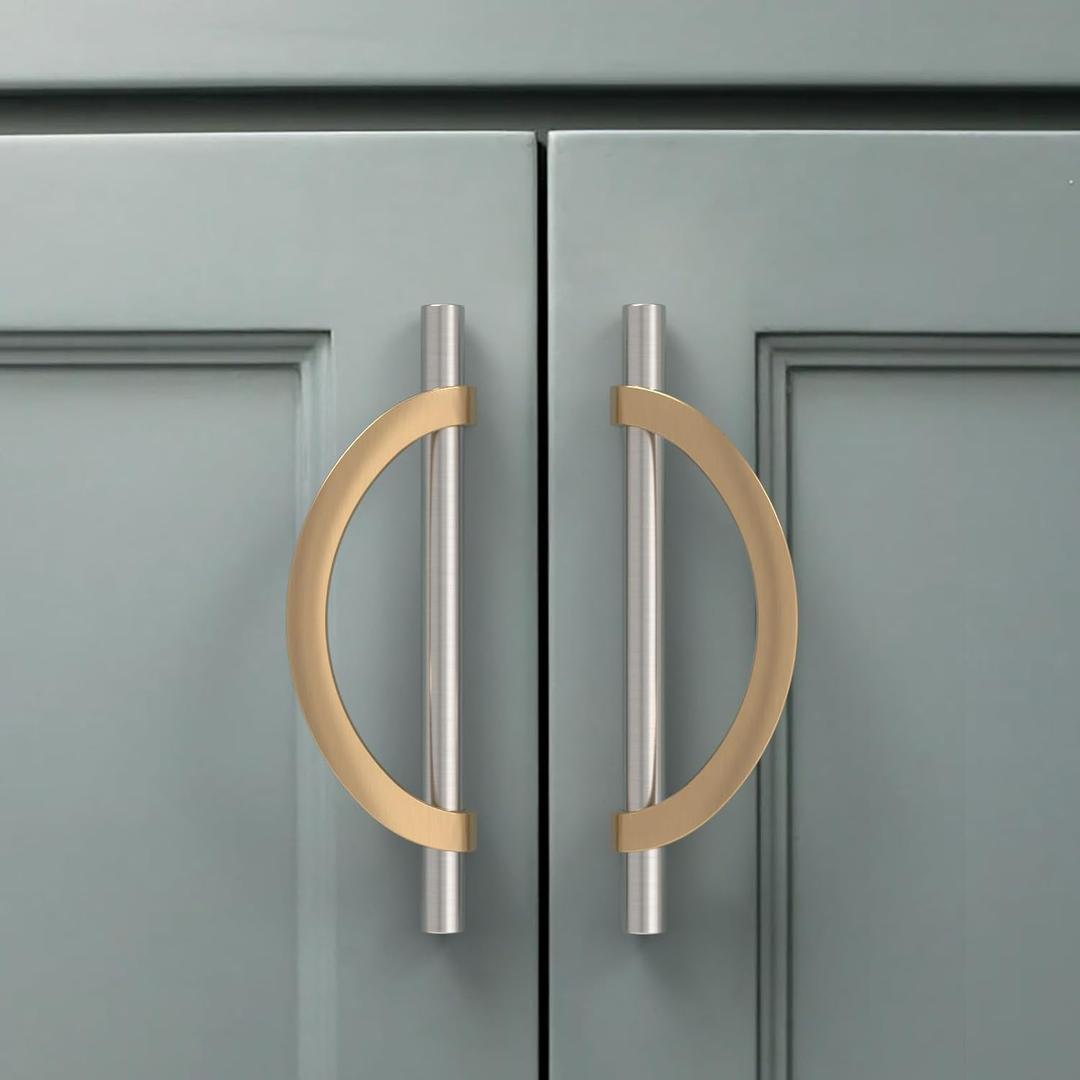 Amerdeco 6 Pack Brushed Satin Nickel and Champagne Bronze Cabinet Pulls 5 Inch(128MM) Hole Centers Kitchen Cabinet Handles Cabinet Hardware Cupboard Handles Drawer Pulls