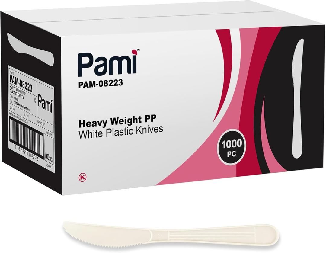 PAMI 1000-Pack Durable Heavy Weight Disposable Plastic Cutlery for Parties Weddings Catering (Knives Regular White)