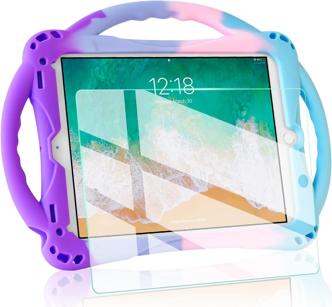 TopEsct Kids Case for iPad 6th/5th Generation, Silicon Shockproof Case for New iPad 2017/2018 9.7 inch with Tempered Glass Screen Protector and Strap, Cover for iPad Air & Air 2 (Purple and Turquoise)