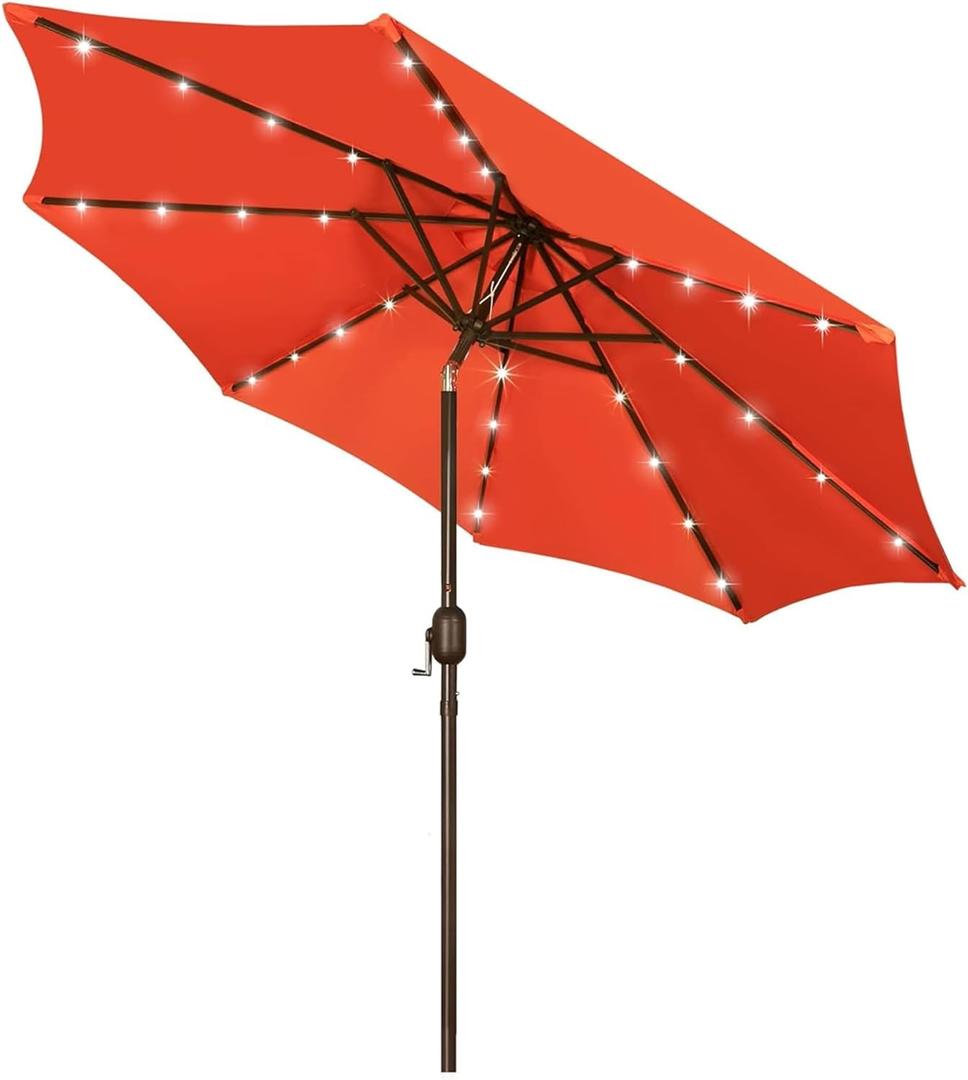 Blissun 9 ft Solar Umbrella, 32 LED Lighted Patio Umbrella, Table Market Umbrella, Outdoor Umbrella for Garden, Deck, Backyard, Pool and Beach (Orange)