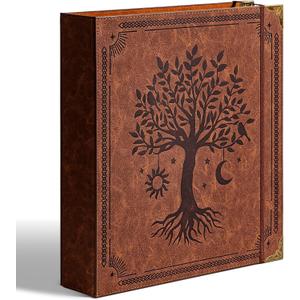 Ovesmusl Leather D Ring Binder Fits 8.5"x11" Letter Size Paper, 2 Inch D Ring Binders Holds 550 Sheets, Notepad Paper Cover Loose Leaf Organizer with Inner Pockets, Brown Tree