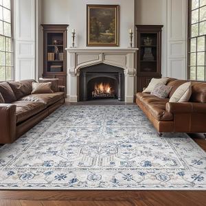 jinchan 8x10 Machine Washable Area Rugs for Living Room - Vintage Floral Stain Resistant Low Pile Ultra-Thin Non Slip Accent Rug for Bedroom Kitchen Dining Room Home Office (8x10ft,Blue)