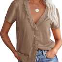 Floral Find Womens Short Sleeve Button Down Tops Casual Summer V-Neck Lace Trim Blouse Cute Tee, Coffee, X-Large (Beige, XL)