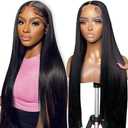 Flady 28 inch Straight HD Lace Front Wigs Human Hair Pre Plucked 180 Density 13x4 Glueless Bone Straight Human Hair Wigs For Black Women Transparent Lace Frontal Wig With Baby Hair (Natural Black)