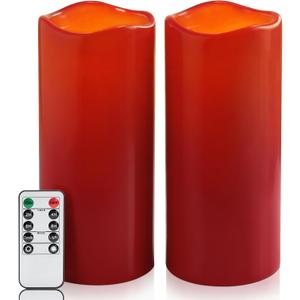 Homemory 4"x10" Burgundy Flameless Candles, Red Candles, Outdoor Waterproof Flameless Candles with Remote and Timers, Battery Operated LED Pillar Candles, Christmas Decor, Won't Melt Plastic, Set of 2