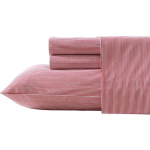 Nautica - Full Sheet Set, Lightweight & Breathable Cotton Percale Bedding Set with Matching Sham(s), Crisp & Cool Bedding Essentials, Oeko-Tex Certified (Penny Pinstripe Red, Full) (Queen)