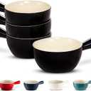Kook French Onion Soup Crocks, Stackable Ceramic Bowls with Handles, Oven, Microwave and Dishwasher Safe, for Cereal, Soups, Casseroles, with Handle, Stoneware, 24 oz, Set of 4, Black