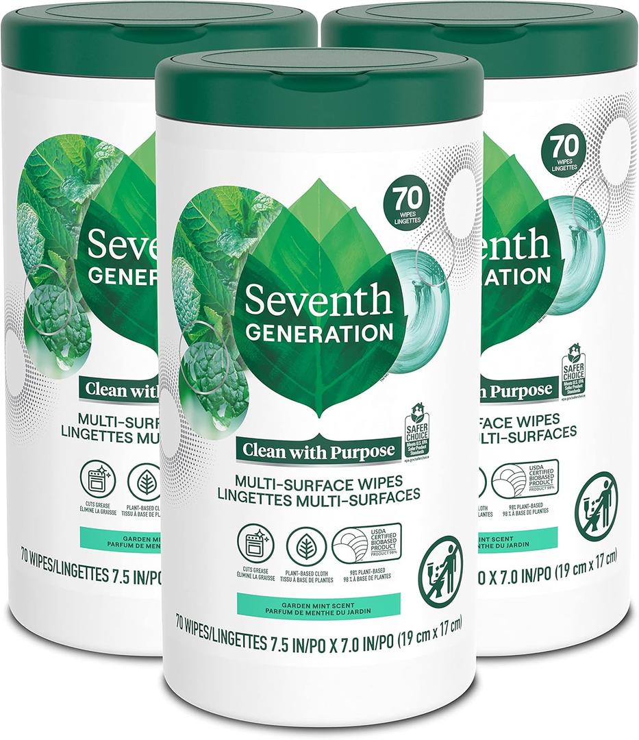 Seventh Generation Multi Purpose Wipes All Purpose Cleaning Garden Mint scent with 100% Essential Oils and Botanical Ingredients 70 count, Pack of 3