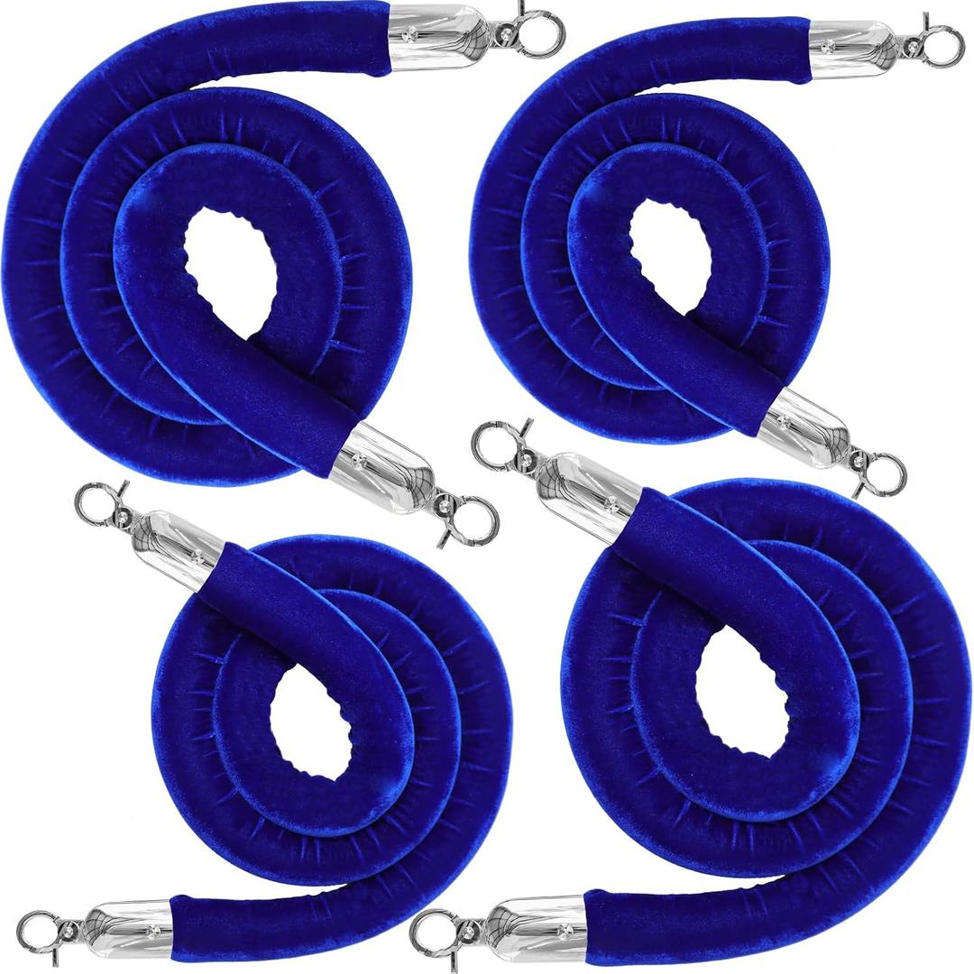 4PCS Blue Velvet Stanchion Rope 5 Ft Crowd Control Ropes Barrier with Silver Hooks for Party