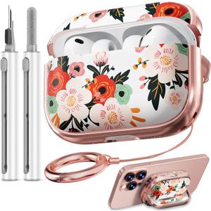 Inesore for AirPods Pro 3 Case 2025 with Lock, for Women Girly Floral Cute Case Compatible with Apple Airpods Pro 3rd Generation Cover, with Phone Stand, Keychain & Cleaner Kit White Peony