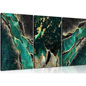 WSTUKVV 3Pcs Green and Gold Wall Art Abstrct Gold Foil Lines Posters Pictures Marble Texture Canvas Prints Dark Green Paintings for Nordic Living Room Bedroom Office Home Wall Decor Ready to Hang