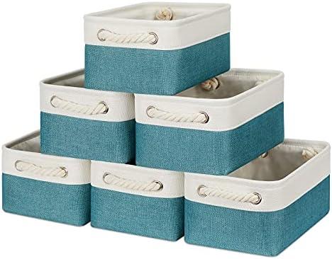 Bidtakay Fabric Baskets for Organizing Closet Set of 6 Small Storage Bins 11.8 X 7.8 X 5 Inches Decorative Storage Baskets for Shelves Foldable Bins for Cube Organizer Rectangular(White&Teal Blue)