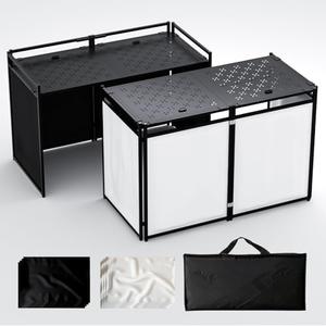 RDCMKL Portable DJ Booth Table Stand with 2-Height Adjustable Top Board, All-Iron Heavy Duty DJ Facade for Events, Includes 8 Scrims, Travel Bag, and 4 Leveling Legs, 54x27x45 Inches, Black
